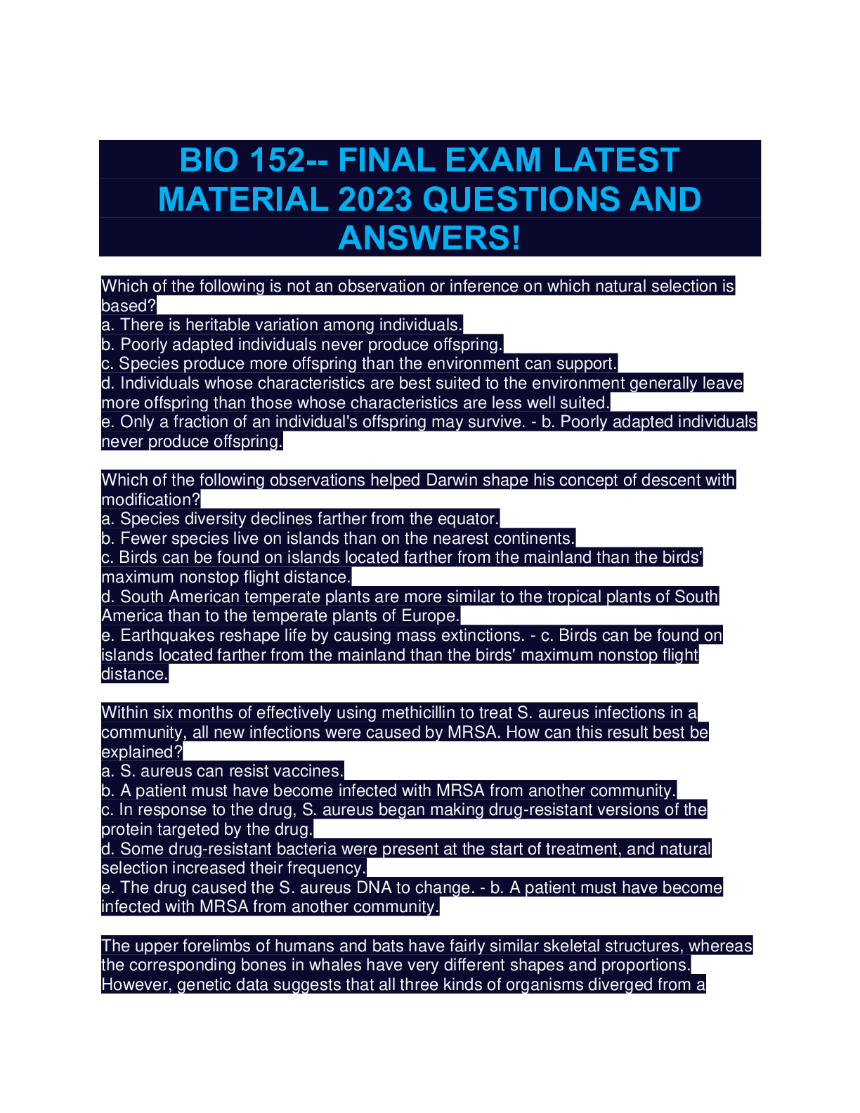 Preview image for BIO 152-- FINAL EXAM LATEST MATERIAL 2023 QUESTIONS AND ANSWERS!